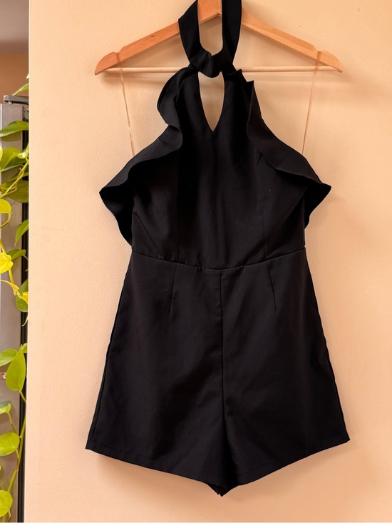 Fashion Nova Pants - Fashion Nova Black Halter Romper with Ruffled Shoulders